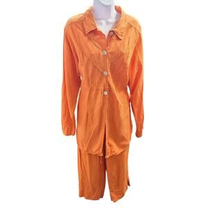 Ivy women's Slub linen Lagenlook capri set orange Blouse XL resort wear beachy